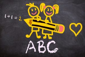 Blackboard with cartoon drawing of kids, pencil, alphabet and simple math